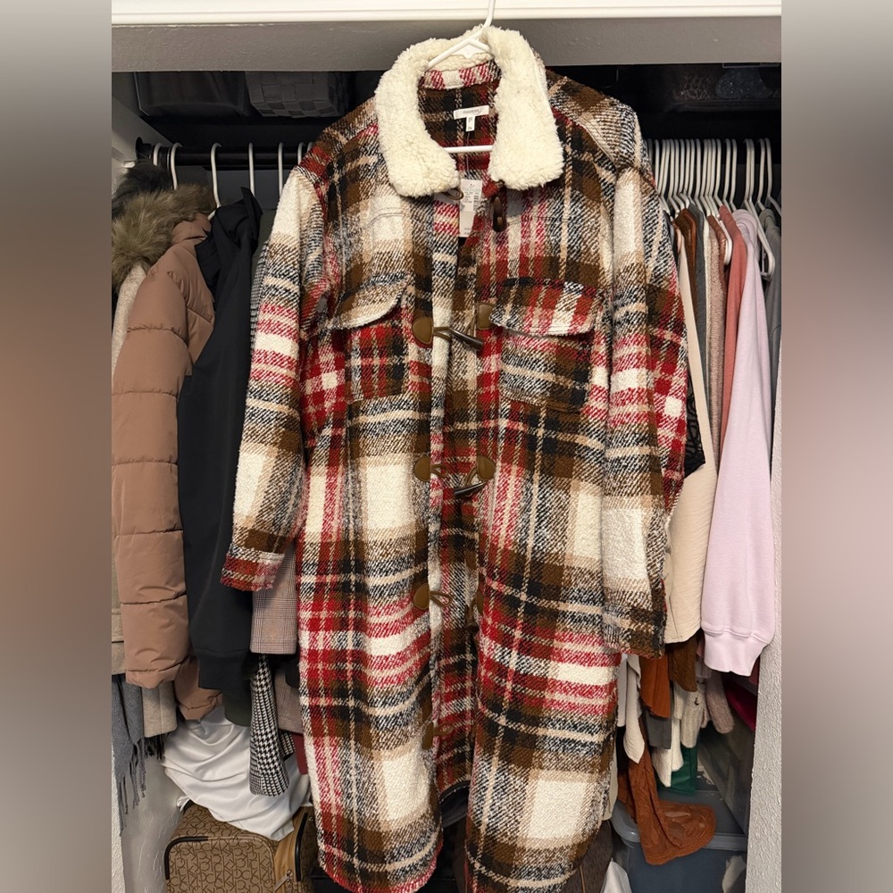 Maurices Red and Brown Plaid Teddy Jacket with Cream Collar